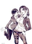  2girls arm_around_shoulder arm_around_waist belt casual claire_redfield dress_shirt earrings highres holster jacket jewelry katou_teppei lips moira_burton monochrome multiple_girls ponytail resident_evil_revelations_2 shirt short_hair side-by-side 