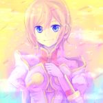  1girl blue_eyes coat estellise_sidos_heurassein gloves pink_hair sagami_rina short_hair smile solo tales_of_(series) tales_of_vesperia yellow_background 