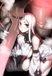  1girl akagi_asahito bare_shoulders blush breasts claws detached_sleeves highres horn horns kantai_collection large_breasts long_hair looking_at_viewer pale_skin red_eyes seaport_hime shinkaisei-kan steam very_long_hair white_hair 