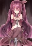  1girl absurdres bat_wings chain chained demon_girl hair_ribbon highres hiiragi_yashiro long_hair looking_at_viewer original pantyhose pointy_ears purple_hair ribbon side_ponytail sitting small_breasts solo succubus violet_eyes wings 