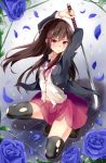  1girl black_legwear brown_hair crying crying_with_eyes_open flower hair_ribbon highres holding katana long_hair looking_at_viewer original petals pleated_skirt red_eyes ribbon rose school_uniform skirt solo squatting streaming_tears sword tears torn_clothes warirui weapon wind 