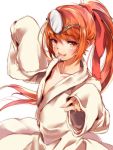  1girl bathrobe mataichi_matarou ole_tower orange_eyes orange_hair ponytail ribbon simple_background tagme water_pump_pliers_(ole_tower) 