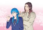  2boys blue_hair bracelet braid dramatical_murder dream_catcher feathers hair_feathers hairdressing jewelry long_hair male mink_(dramatical_murder) mouth_hold multiple_boys necklace ring sen_nai seragaki_aoba smile yellow_eyes 