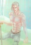  1boy amputee artificial_legs bathtub cane grey_hair jean_pierre_polnareff jojo_no_kimyou_na_bouken keita_miso long_hair scar shirtless solo 