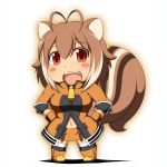 1girl ahoge alternate_costume animal_ears blazblue blush blush_stickers breasts brown_hair chibi glasses gloves highres looking_at_viewer makoto_nanaya mirano navel open_mouth red_eyes short_hair smile solo squirrel_ears squirrel_tail tail 