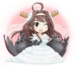  1girl ;) ahoge akiran_(r32) bare_shoulders bridal_veil brown_hair cannon chibi dress elbow_gloves gloves hairband huge_ahoge jewelry kantai_collection kongou_(kantai_collection) long_hair mecha_musume necklace one_eye_closed outstretched_hand pearl_necklace smile solo strapless_dress veil wedding_dress white_gloves 