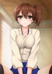  1girl black_legwear blue_skirt blush breast_squeeze breasts brown_eyes brown_hair cleavage collarbone gengodou hakama_skirt indoors japanese_clothes kaga_(kantai_collection) kantai_collection large_breasts looking_at_viewer side_ponytail skirt solo thigh-highs v_arms window 