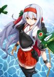  1girl absurdres airplane asya boots bow_(weapon) brown_eyes hairband highres japanese_clothes kantai_collection long_hair muneate shoukaku_(kantai_collection) silver_hair skirt solo thigh-highs thigh_boots weapon 