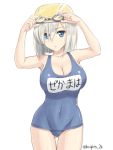  1girl blue_eyes breasts cleavage covered_navel goggles hair_ornament hairclip hamakaze_(kantai_collection) kantai_collection kishi_nisen large_breasts school_swimsuit short_hair silver_hair simple_background solo swim_cap swimsuit white_background 