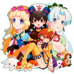  4girls :o bird black_hair blonde_hair blue_eyes boots braid breasts bridal_gauntlets brown_eyes brown_hair chloe_valens cleavage flower grey_eyes grin grune_(tales) hair_bobbles hair_flower hair_ornament hat long_hair miniskirt multiple_girls nns146 norma_beatty one_eye_closed pink_rose rose shirley_fennes short_hair skirt smile tales_of_(series) tales_of_legendia thigh-highs thigh_boots violet_eyes white_hair yellow_legwear yellow_skirt 