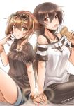  2girls alternate_costume black_hair bracelet breasts brown_eyes brown_hair casual food ice_cream jewelry kantai_collection long_hair looking_at_viewer multiple_girls mutsu_(kantai_collection) nagato_(kantai_collection) nail_polish necklace okitakung open_mouth red_eyes red_nails short_hair shorts sketch smile sunglasses sunglasses_on_head 