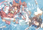  2girls bow breasts brown_hair clouds commentary_request detached_sleeves firing flying hair_bow hair_ornament hakurei_reimu highres kantai_collection long_hair multiple_girls ocean pleated_skirt ponytail skirt sky syuutu touhou yamato_(kantai_collection) 
