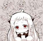  1girl ahoge covered_mouth holding horns kantai_collection looking_at_viewer lying mittens mroj navel northern_ocean_hime on_stomach panties red_eyes shikigami shinkaisei-kan side-tie_panties sketch translation_request underwear white_hair white_skin 