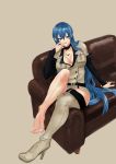  1girl absurdres akame_ga_kill! atama_c barefoot blue_eyes blue_hair boots breasts choker cleavage esdeath finger_to_mouth high_heel_boots high_heels highres large_breasts long_hair military military_uniform nail_polish panties pantyshot pantyshot_(sitting) single_shoe sitting solo thigh-highs thigh_boots toes underwear uniform white_panties 