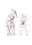  2girls ahri animal_ears fkey fox_ears fox_tail league_of_legends leona_(league_of_legends) long_hair monochrome multiple_girls shield sword tail weapon 