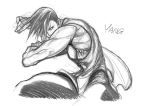  1boy character_name chinese_clothes fighting_stance graphite_(medium) greyscale hair_over_one_eye monochrome muscle sketch sleeveless solo spiky_hair street_fighter street_fighter_iii traditional_media yang_lee yoshihara_motoki 