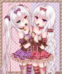 2girls ahoge asymmetrical_legwear bare_shoulders bell bell_collar bow breasts cleavage collar frilled_collar frills garter_straps hair_bow hair_ornament hair_ribbon heterochromia holding_hands long_hair looking_at_viewer low_twintails mouth_hold multiple_girls original ribbon silver_hair tsukikage_nemu twintails valentine violet_eyes 