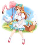  1girl apron basket bird bow bowtie breasts brown_eyes brown_hair chick chicken flamingo food gloves hair_bow large_breasts long_hair original picnic puffy_sleeves sandwich shoes short_sleeves sitting skirt sky smile socks solo waist_apron 
