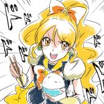  1girl blonde_hair blush bowl chopsticks cure_honey determined earrings eyelashes gacchahero happinesscharge_precure! jewelry long_hair looking_at_viewer magical_girl oomori_yuuko open_mouth precure puffy_sleeves rice rice_bowl shirt simple_background sketch skirt solo vest white_background wrist_cuffs yellow_eyes yellow_skirt 