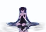 1girl bare_shoulders blue_hair closed_eyes dress hands_clasped hatsune_miku kneeling long_hair mono_(dongxuyi147) reflection ripples sitting sitting_on_water solo strapless_dress very_long_hair vocaloid wariza water 