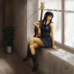  1girl akiyama_mio breasts collarbone crossed_legs curtains dress ebi_(eeotoko) guitar highres hime_cut instrument k-on! long_hair musical_instrument paper pencil plant potted_plant sitting solo 