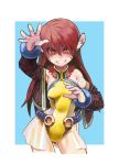  1girl animal_ears bare_shoulders bracelet brown_hair facial_tattoo grin highres jacket jewelry kousaku leotard long_hair looking_at_viewer open_clothes open_jacket pose smile tattoo yellow_eyes 