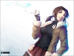  1girl artist_name black_gloves black_lagoon brown_eyes brown_hair cigarette cowboy_shot fingerless_gloves fur_trim gloves grin jacket kei-suwabe long_hair looking_at_viewer ponytail revy_(black_lagoon) skirt smile solo sweater twitter_username 