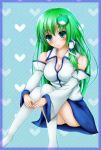  1girl blue_background blue_border blue_eyes blush breasts cleavage collarbone detached_sleeves facing_viewer frog_hair_ornament gengodou green_hair hair_ornament heart highres impossible_clothes impossible_shirt knees_together_feet_apart kochiya_sanae large_breasts panties pantyshot pantyshot_(sitting) patterned_background sitting skirt snake_hair_ornament solo thigh-highs touhou underwear white_legwear white_panties 