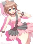  1girl :d bare_shoulders blue_eyes bow bracelet breasts brown_hair choker cleavage hair_bow idolmaster idolmaster_million_live! jewelry long_hair microphone ookami_maito open_mouth pink_skirt ponytail satake_minako simple_background skirt smile solo twitter_username white_background 