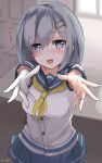  1girl absurdres blue_eyes blush breasts bust gloves grey_hair hair_ornament hairclip hamakaze_(kantai_collection) heart heart-shaped_pupils highres jewelry kantai_collection looking_at_viewer mono_(sunegey) open_mouth outstretched_arms ring school_uniform serafuku short_hair short_sleeves single_glove skirt solo symbol-shaped_pupils twitter_username wedding_ring white_gloves 