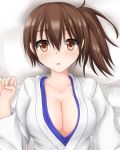  1girl blush breasts brown_eyes brown_hair bust cleavage clenched_hand collarbone gengodou japanese_clothes kaga_(kantai_collection) kantai_collection large_breasts looking_at_viewer open_mouth side_ponytail solo 