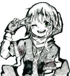  1girl ballpoint_pen_(medium) blonde_hair gloves green_eyes highres mizuhashi_parsee monochrome one_eye_closed open_mouth pointy_ears rg_(bvfij) scarf short_hair sketch smile solo spot_color touhou traditional_media v 