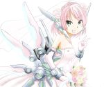  1girl akiran_(r32) bare_shoulders bouquet bridal_veil dress elbow_gloves flower gloves green_eyes jewelry mecha_musume necklace original pink_hair robot_ears short_hair smile solo strapless_dress thrusters v veil wedding_dress 