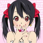 1girl black_hair blush bow earrings hair_bow heart hotora jewelry k-on! long_hair love_live!_school_idol_project lowres nail_polish open_mouth parody red_eyes ring simple_background solo twintails yazawa_nico 
