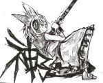  1girl ballpoint_pen_(medium) dress earmuffs highres jewelry monochrome rg_(bvfij) short_hair sketch skirt sleeveless smile solo sword touhou toyosatomimi_no_miko traditional_media weapon 