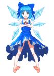  1girl :d absurdres bare_legs barefoot blue_dress blue_eyes blue_hair bow cirno crossed_arms dress feet full_body hair_bow highres ice ice_wings looking_at_viewer open_mouth panties pantyshot puffy_short_sleeves puffy_sleeves ribbon short_hair short_sleeves smile touhou underwear white_background wings 