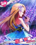  1girl brown_hair character_name closed_eyes dress flower hair_ornament idolmaster idolmaster_million_live! long_hair microphone minase_iori official_art open_mouth singing solo 