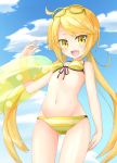  1girl :d bikini blush clouds cowboy_shot fang glasses_on_head highres innertube kantai_collection long_hair looking_at_viewer navel open_mouth rateratte satsuki_(kantai_collection) sky small_breasts smile solo striped striped_bikini striped_swimsuit swimsuit twintails very_long_hair yellow_bikini yellow_eyes 