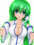  1girl blue_eyes blush breasts bust cleavage collarbone detached_sleeves frog_hair_ornament gengodou green_hair hair_ornament highres incoming_hug kochiya_sanae large_breasts looking_at_viewer open_mouth outline outstretched_hand shirt snake_hair_ornament solo touhou white_background 