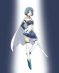  1girl akiran_(r32) ankle_boots bangs blue_eyes blue_hair boots cape detached_sleeves gloves hand_on_hip magical_girl mahou_shoujo_madoka_magica miki_sayaka parted_bangs short_hair skirt small_breasts solo sword thigh-highs weapon white_gloves white_legwear 