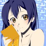  1girl blue_hair blush brown_eyes frown hotora k-on! long_hair love_live!_school_idol_project parody simple_background solo sonoda_umi 
