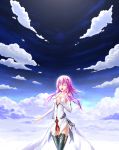  1girl absurdres bare_shoulders breasts center_opening cleavage closed_eyes clouds cloudy_sky detached_sleeves guilty_crown hair_ornament hairclip hand_on_own_chest highres long_hair open_mouth pink_hair singing sky solo thigh-highs twintails yuzuriha_inori 