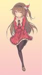  1girl :o black_legwear blush brown_eyes brown_hair cozyquilt gradient gradient_background hairband leg_up long_hair one_side_up pantyhose pink_background skirt solo standing_on_one_leg very_long_hair yellow_background 