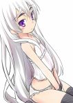  1girl black_legwear blush bound_wrists camisole chaika_trabant eyebrows hitsugi_no_chaika kannazuki_genshi long_hair looking_at_viewer panties silver_hair simple_background sketch solo thick_eyebrows thigh-highs underwear underwear_only violet_eyes white_background white_panties 