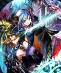  &gt;:d 1girl :d blue_eyes blue_hair demon_horns feathered_wings gauntlets highres holding horns looking_at_viewer midriff open_mouth original shingoku_no_valhalla_gate sho_(runatic_moon) short_hair smile solo sword weapon wings 