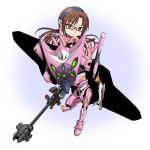  1girl :3 akiran_(r32) beam_rifle blue_eyes bodysuit brown_hair chibi energy_gun eva_05 evangelion:_2.0_you_can_(not)_advance glasses hairband long_hair makinami_mari_illustrious mecha neon_genesis_evangelion plugsuit rebuild_of_evangelion red-framed_glasses semi-rimless_glasses under-rim_glasses 