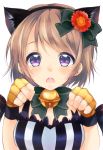  1girl animal_ears bell bow breasts brown_hair cat_ears cleavage fingerless_gloves flower gloves hair_bow hair_flower hair_ornament hairband koizumi_hanayo looking_at_viewer love_live!_school_idol_project open_mouth paw_pose peke_(xoxopeke) short_hair solo violet_eyes 