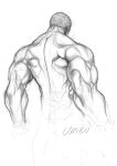  1boy back character_name from_behind graphite_(medium) greyscale highres monochrome muscle shirtless short_hair sketch solo street_fighter street_fighter_iii traditional_media urien yoshihara_motoki 