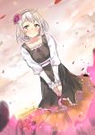 1girl blush brown_eyes collarbone cozyquilt dress hairband petals short_hair silver_hair sky smile solo v_arms 