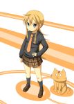  1girl :3 black_legwear blonde_hair blue_eyes blush hyakko kageyama_torako kneehighs long_hair necktie ponytail school_uniform shoes skirt smile tiger ukami 